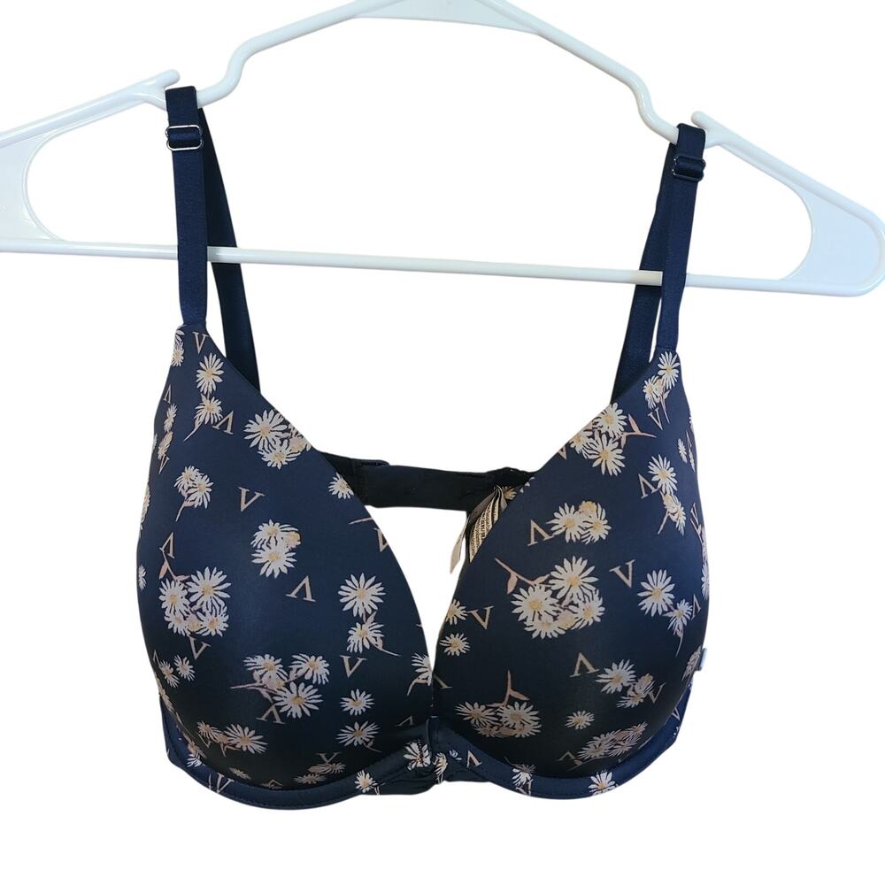 Victorias Secret Daisy V Logo Plunge Push Up Womens Bra 32DDD Navy Blue Floral